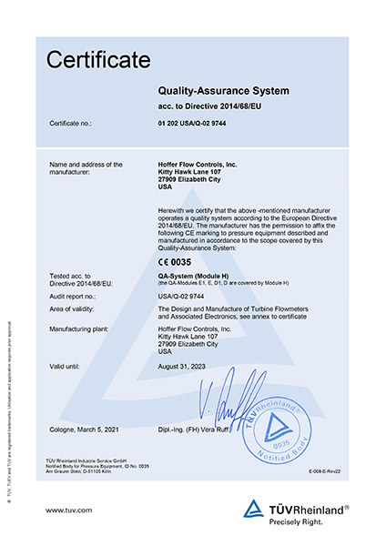 PED-CE Standard – Europe - quality assurance certificate for Hoffer Flow Controls systems
