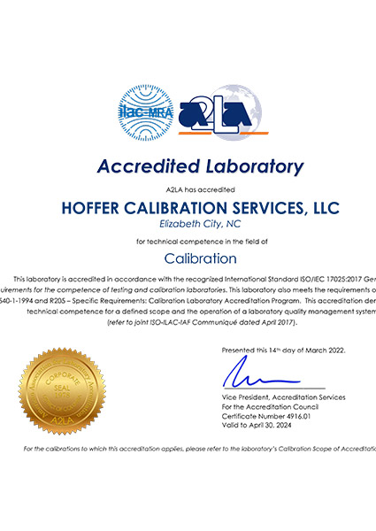 Hoffer Flow Controls systems certificate - accredited laboratory - ISO 17025 (Hoffer Calibration Services LLC) 