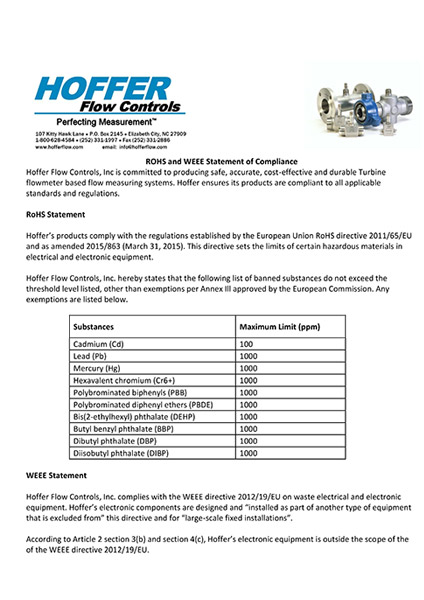 ROHS and WEEE Statement of Compliance certified to Hoffer Flow Controls systems 