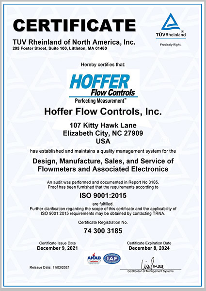 ISO 9001 Certified TUV Rheinland of North America certificate to Hoffer Flow Controls systems